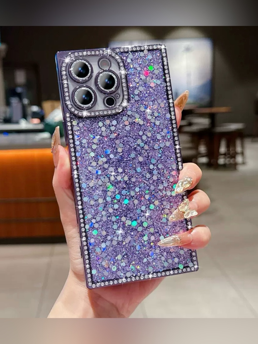 Purple Glitter Rhinestone Square Case for iPhone 16 Pro Max